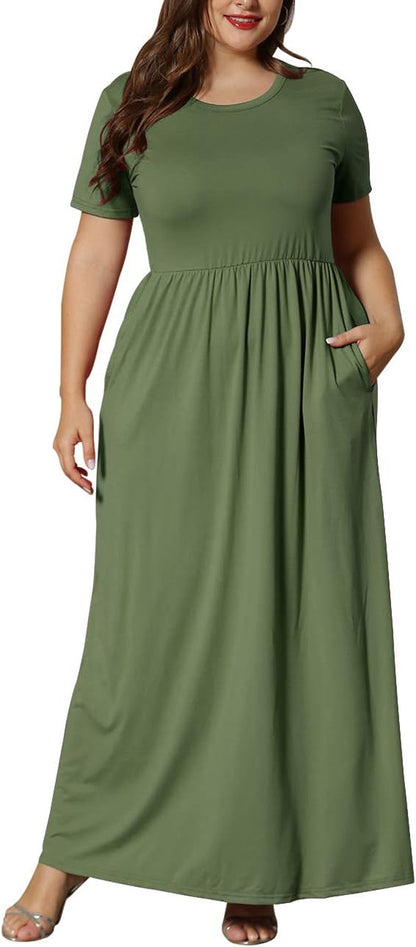 Women’S plus Size Maxi Dresses for Curvy Women Summer Casual Short Sleeve Long Dress with Pockets