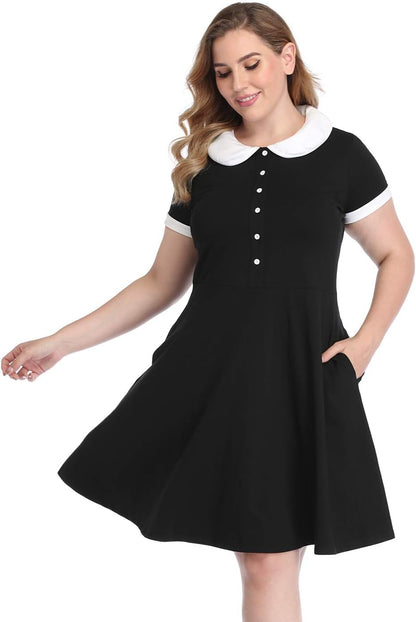 plus Size Peter Pan Collar Dress Fit and Flare Collared Casual Skater Dress