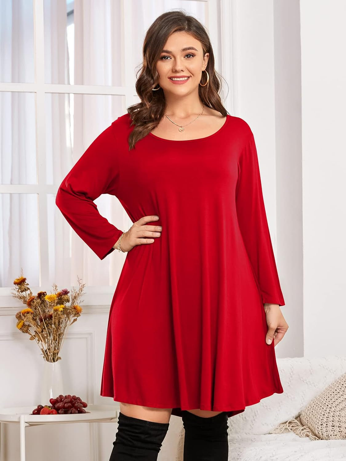 Womens Fall Dresses 3/4 Sleeve plus Size Casual Swing Loose Tunic Dress with Pockets