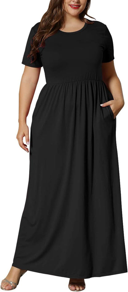 Women’S plus Size Maxi Dresses for Curvy Women Summer Casual Short Sleeve Long Dress with Pockets